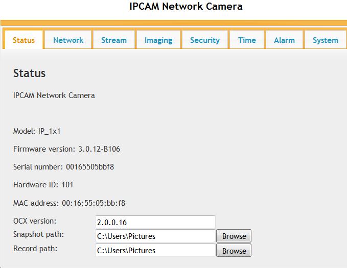Setup 4.1 Status It displays hardware and firmware version of IP Camera.
