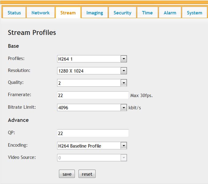 4.3 Stream In this page you can set parameters for Video Stream. Profiles: IP Camera supports dual video streams, select a draw down item to set video parameters.