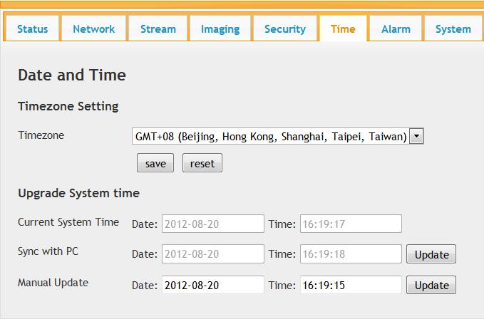 4.6 Time Timezone: Select the required time zone from the drop-down list. If this is not done, the time given by the unit may be incorrect. Please set a connectable Time Server at [Network] page.
