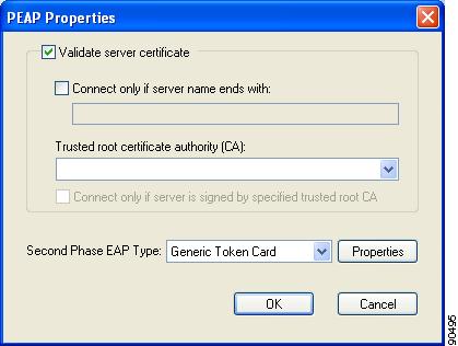 Configuring the Client Adapter Appendix E Enabling PEAP (EAP-GTC) Follow the steps below to enable PEAP (EAP-GTC). Step 1 Click Properties. The PEAP Properties window appears (see Figure E-8).