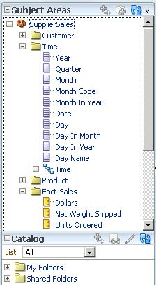 Subject Area and Catalog Panes Access saved analyses and dashboards in the Presentation Catalog Show columns and filters to construct analyses Organize