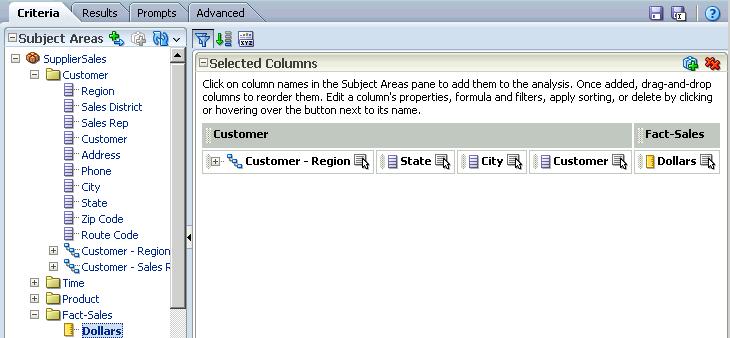 1. Construct an Analysis Select columns from subject area folders in the Subject Areas pane to create analysis criteria.