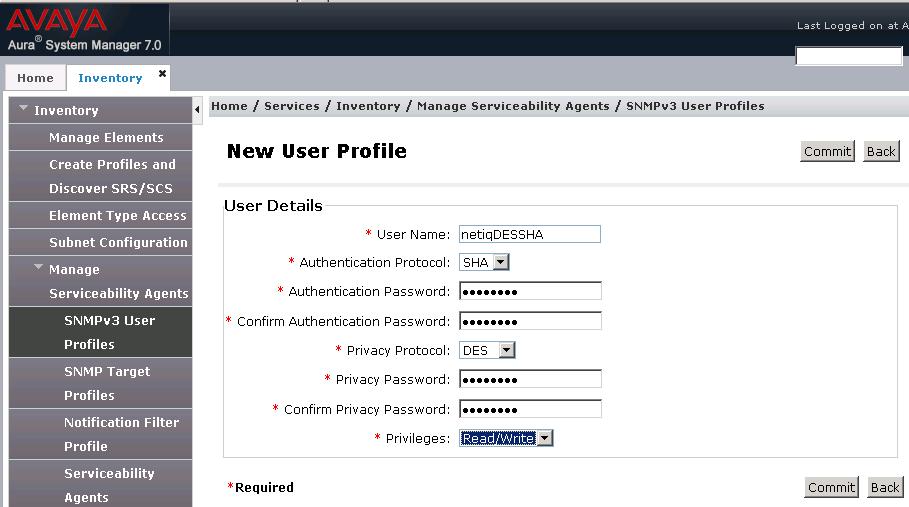 5.3. Administer SNMPv3 User Profile In Inventory page, select Manage Serviceability Agents SNMP3 User Profiles and click on New button to add new user profile as used during compliance test, enter
