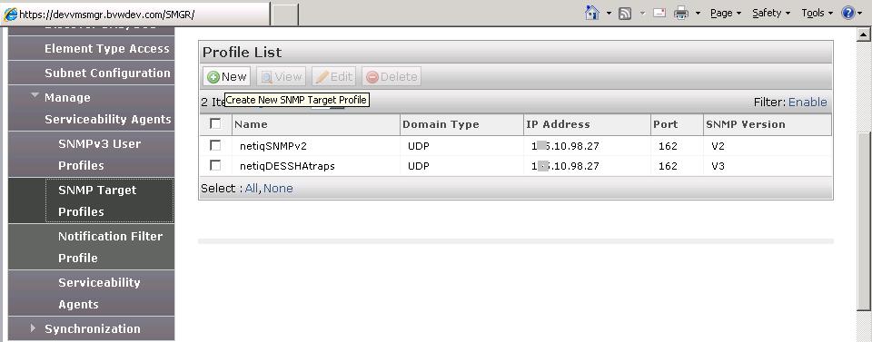 In Inventory page, click on New button to add new SNMP Target Profile: In the New Target Profile page,