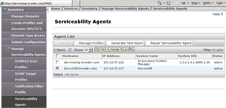 5.2. Associate SNMPv2 Profile with Avaya Aura Session Manager Navigate to Serviceability Agent, select Session Manager from the Agent List and click on Manage