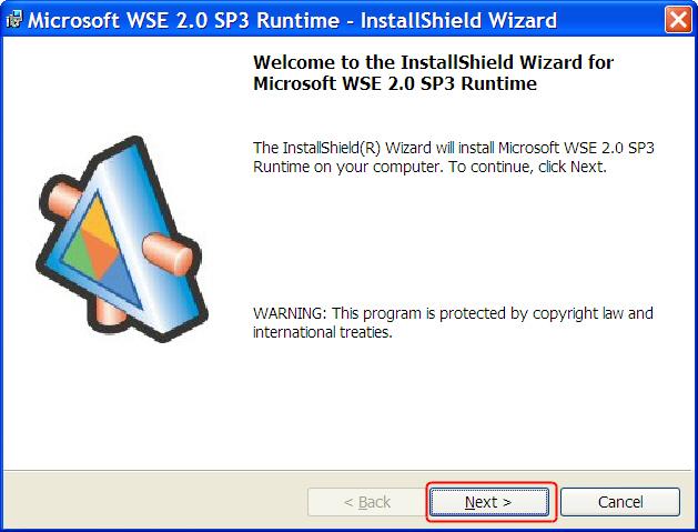 If you do not see this window, proceed to step 27. Figure 9. Microsoft Web Services Enhancements 2.0 screen 21. Select OK.
