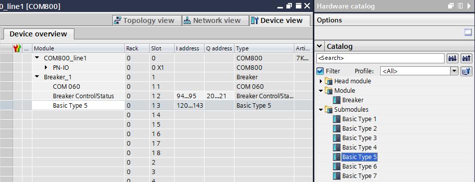 Open the device view in the hardware catalog and open the Module folder in the area navigation (1).