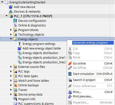 5.4 Program code generation 5.4 Program code generation 5.4.1 First generation Note Observe the correct runtime licensing of the energy objects in the Energy Suite before you generate the energy program.
