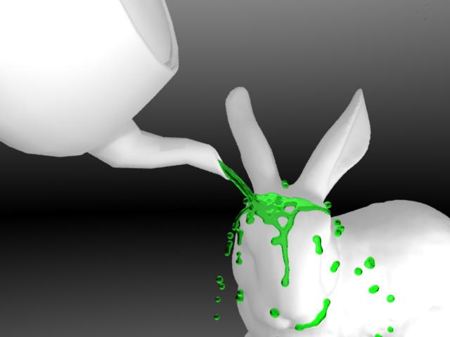 Figure 11: Pouring liquid on the Stanford Bunny. Computing many timesteps per frame can greatly improve volume conservation and overall simulation quality.