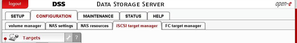 5. Create new target on the Choose CONFIGURATION and iscsi target manager from the menu In the Create new target function, uncheck the box Target Default