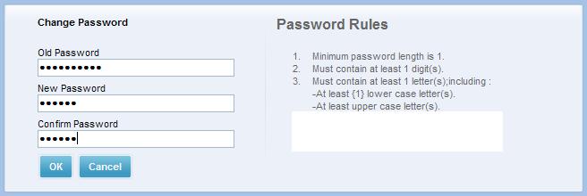 Simply type in your existing password, followed by your desired password. The password rules will be listed for you, as shown below. When completed, select OK.
