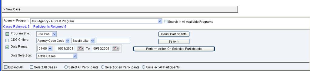 Counting Cases and Participants Using CDG Search You can use CDG Search to count cases and participants associated with certain criteria. 1. Simply choose the criteria as you would for a search. 2.