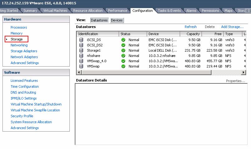 Celerra storage Provisioning for ESX Hosts Figure 15 Storage link in Configuration tab 1. Click Storage in the right side of the window and click Add Storage. The Add Storage wizard window appears.