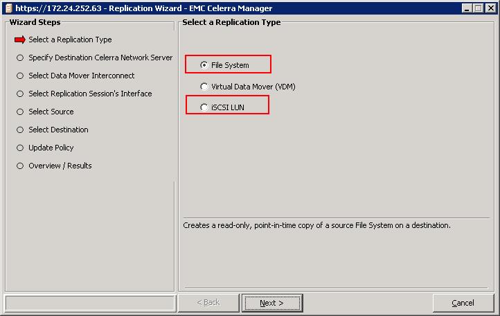 Business Continuity and Data Replication Figure 25 Celerra Manager - Replication Wizard Replicating a NFS data store You can use Celerra Replicator to replicate the file systems exported to ESX as