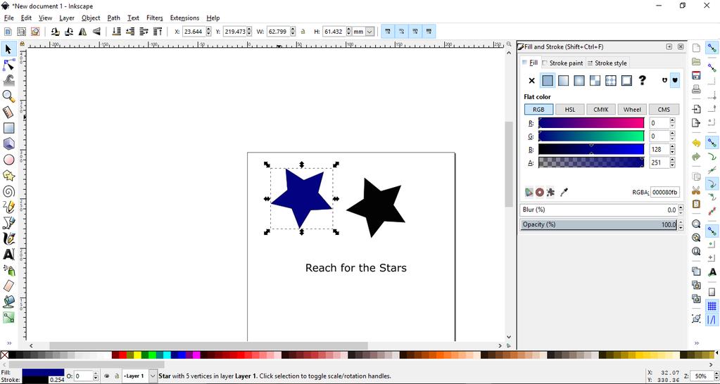 CHANGING OBJECT COLORS 4. Next, lets change the color of the stars. Select the first star, then double click the Fill and Stroke color swatches in the bottom left.