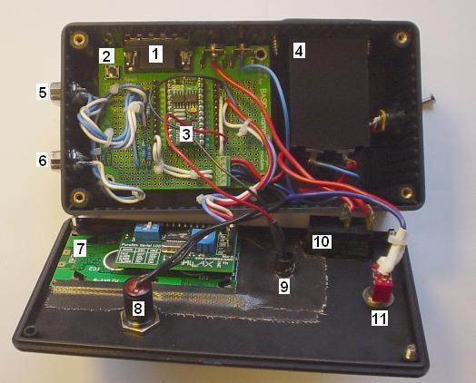 (1) Serial program port to PC, (2) Basic Stamp II prototype board, (3) Basic Stamp II, (4) battery