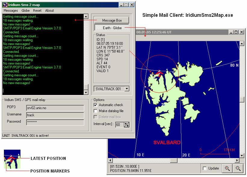 Figure 6. A snapshot of the mail client: IridiumSms2Map.exe. The program is written in Borland Delphi 5 