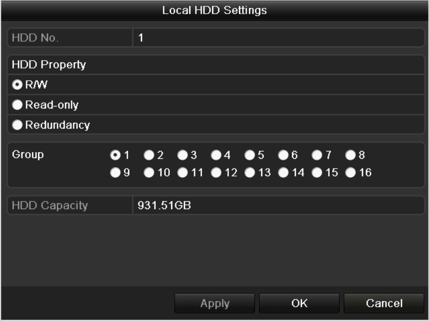 Figure 11. 15 Local HDD Settings Interface 7. Select the Group number for the current HDD. Note: The default group No. for each HDD is 1. 8. Click the OK button to confirm the settings. Figure 11.