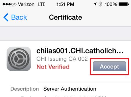 7. Click Accept on the Certificate screen.