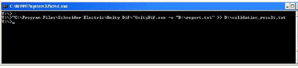 Comparison in Other Modes Command -v Generality This command allows to validate a report file. Description Syntax: "UnityDif.exe file path"\unitydif.exe -v "Report path\report.