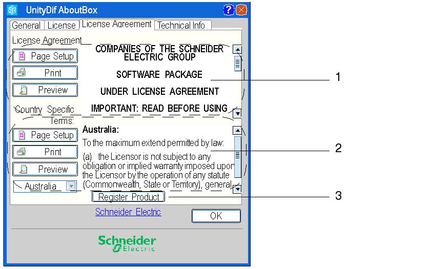 View The License Agreement tab: 1 Information about the license. With the buttons, you can define the Page Setup, Print or see a Preview of the License Agreement.