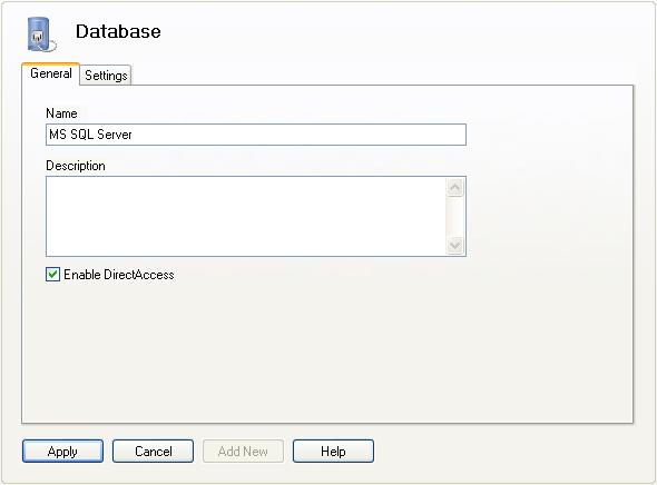 Database Branch Each database has a General tab and a Settings tab. The General tab is the same for all database types. General Tab Name Enter a name for the database.