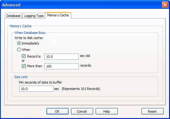 Memory Cache Tab This tab allows you to limit the size of the memory cache and control how often the logger will move data from the memory cache to the disk cache.