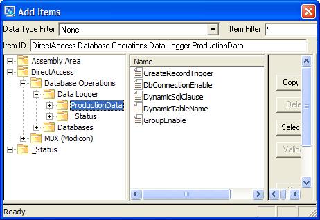 When enabled, the control items are located in the logging group s folder, which is DirectAccess.Database Operations.Data Logger. {LoggingGroupName}, as shown in the figure above.