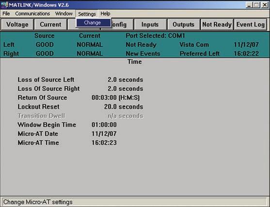 The field adjustable items in the Time data window which can be changed using Matlink include Loss of Source Left, Loss of Source Right, Return of Source, Lockout Reset, Transition Dwell, Window