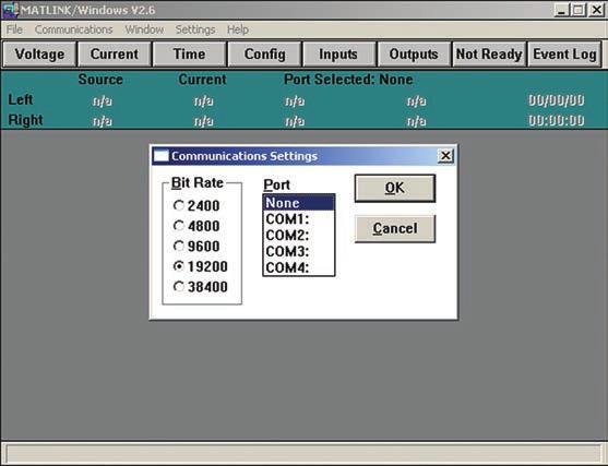 (b) Select the bit rate and port by highlighting and select ing Settings. A dialog box will appear listing bit rate and port options as shown below. Select 19200 bps and the appropriate serial port.