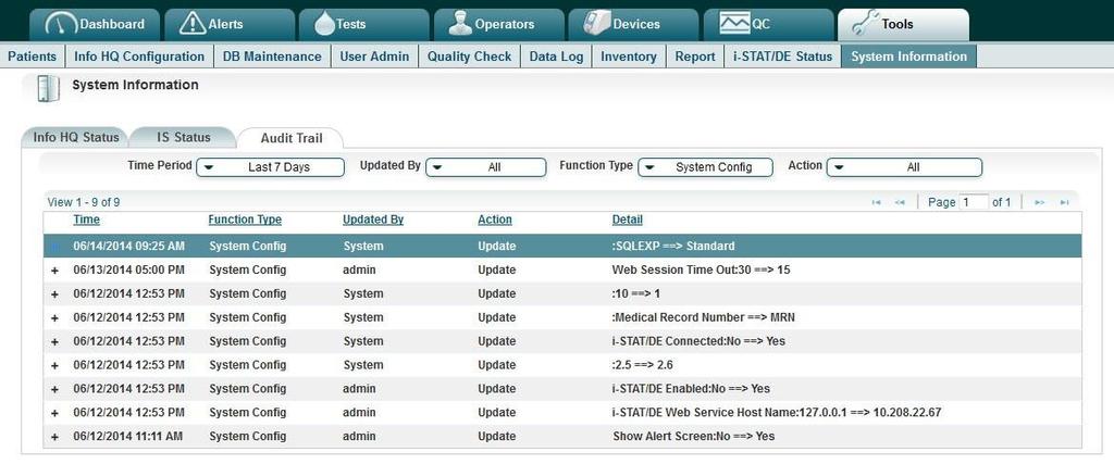 5 View the system audit trail Info HQ Manager keeps an audit trail of all system events and exception errors, including all actions performed by Info HQ Manager users and all changes made by them.