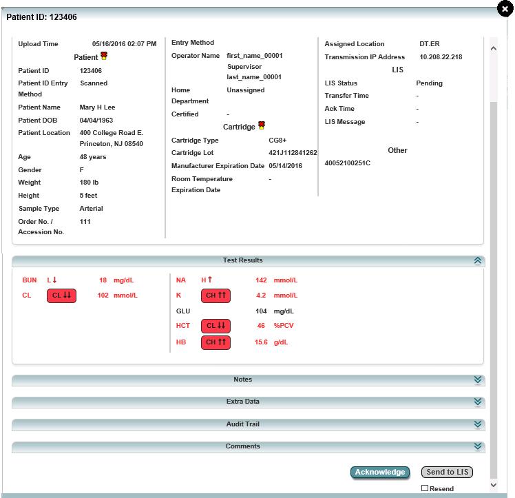 Figure 1-15: Details pop-up for i-stat 1 Alerts view for i-stat Alinity By default, the Alerts screen displays results in List view.