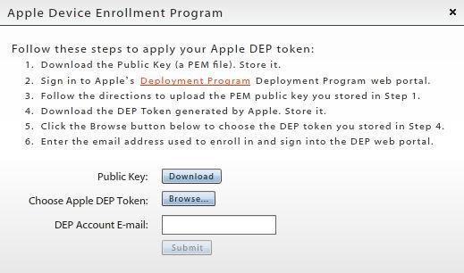 1. From the dashboard, navigate to System > Organization. Click the Upload button next to the Apple DEP Token field. A pop-up appears. 2. Click the Download button next to the Public Key field. 3.