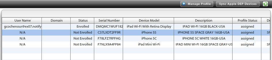 The Status column on the DEP Device Grid indicates whether a device is enrolled on the ZENworks Mobile Management server.