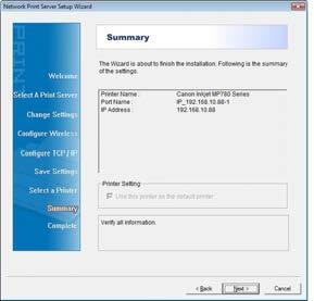 10. A summary screen will show the name of printer to be modified and the IP of the