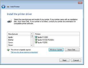 7. If you had installed the driver for your printer, then select the manufacturer of your printer from the Manufacturer list and select the correct model from the Printers list.