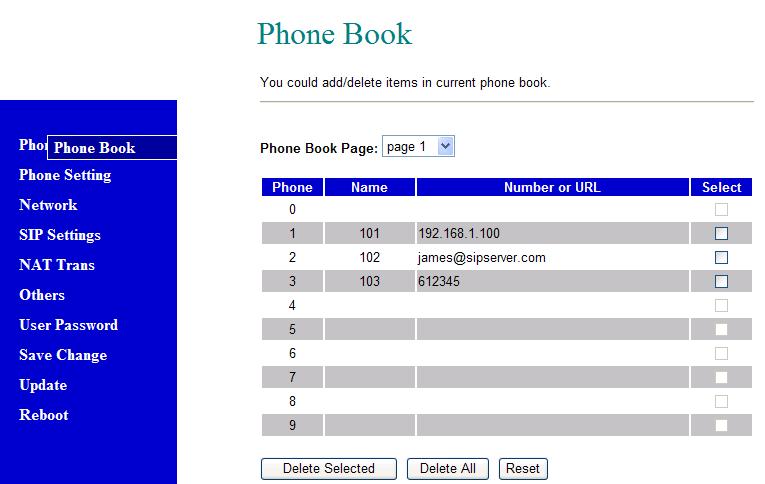 Phone Book Settings Phone Book 8.6. You may add/delete Name (in numeric only) up to maximum 140 entries in Phone book list. 8.7.