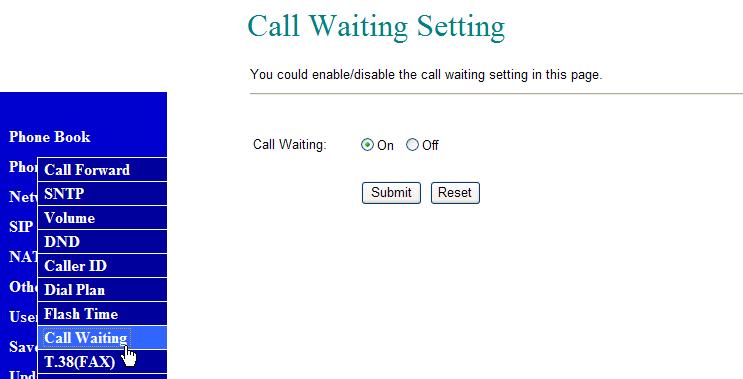 Call Waiting 8.31. You can enable the call waiting function in this page. It allows answering another coming call by pressing flash key while holding the current call.
