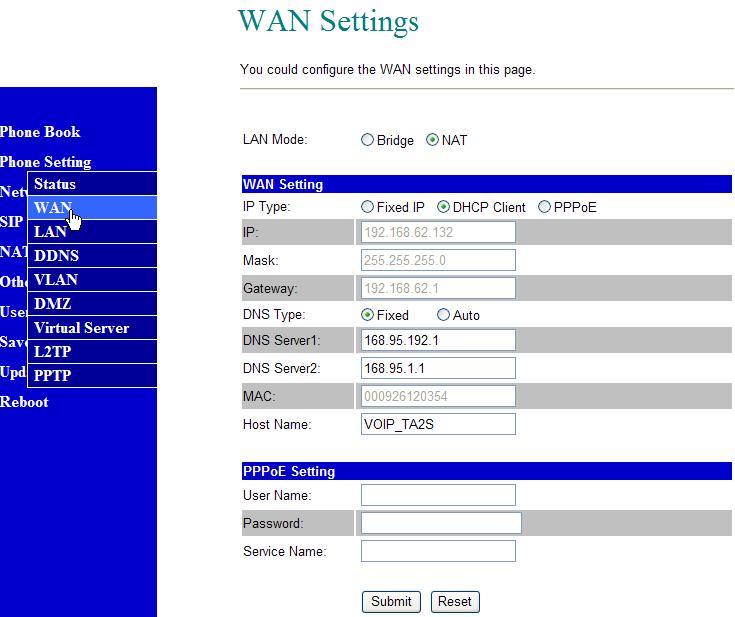WAN 8.39. The WAN setting is used to configure the VS200 WAN port connecting to the ADSL Modem/Router. 8.40.