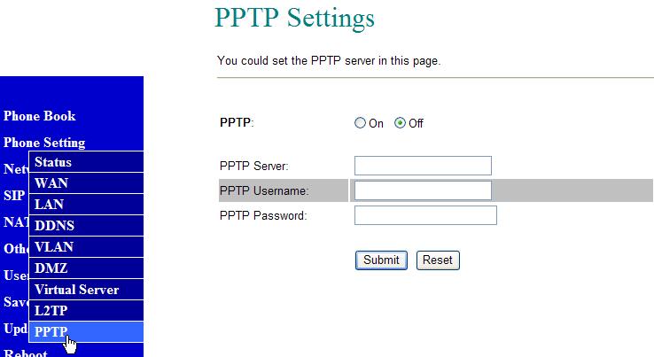 L2TP 8.57. The Point-to-Point Tunnel Protocol (PPTP) Server can be set ON/OFF in this page. This PPTP can be used to pentrate the firewall when used with Virtual Private Network (VPN) applications.