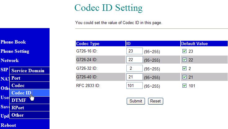 Codec ID Settings: 8.77. You can setup the Codec ID in this page.