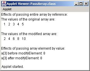 7 output += "\n\neffects of passing array " + 8 "element by value:\n" + 9 "a[] before modifyelement: " + array[ ]; 40 41 // attempt to modify array[ ] 42 modifyelement( array[ ] ); 4 44 output +=