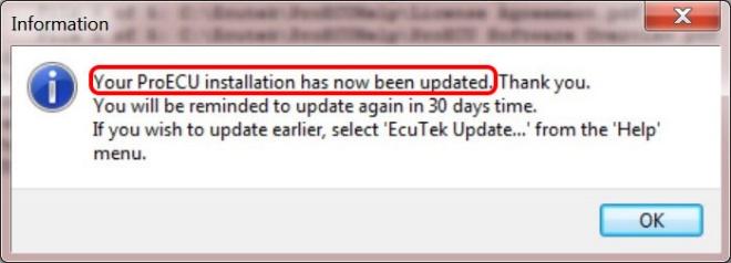7. After the notification above pops up stating, Your ProECU installation has now been updated, the entire ProECU Software