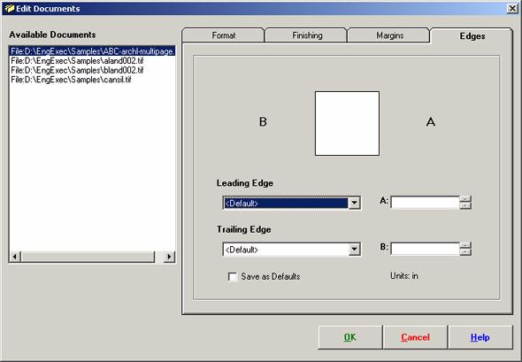 Edges tab of the Edit Documents dialog box Introduction The 'Edges' tab of the 'Edit Documents' dialog box enables you to adjust the leading and trailing edges on your documents.