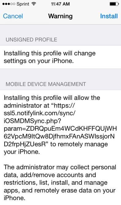 Load the NotifyMDM Profile Next, install the MDM ios APN Configuration File. Installing the profile configures your device with the most current policies and security. 1.