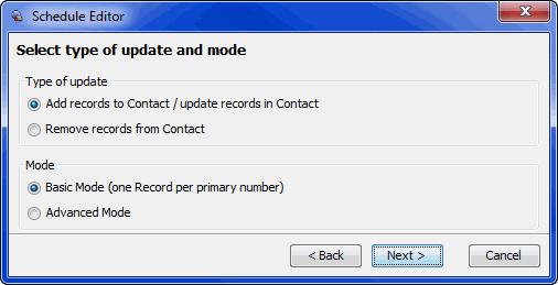Contacts Scheduling a Contact Database Update 4 Click Next. 5 Select a type and mode. 6 Select your FTP file upload settings. All fields are required.