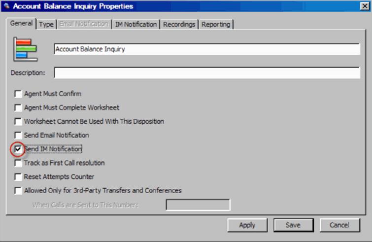Instant Message Notification for Dispositions Instant message notification is similar to email notification except that the call details are sent as a message in
