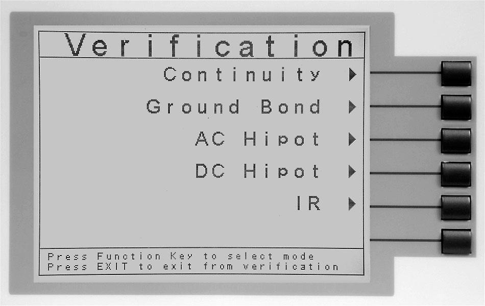 The Verification Menu screen will now be displayed. From the Verification Menu screen, five different Verification processes may be accessed: Continuity, Ground Bond, AC Hipot, DC Hipot, and IR. 9.2.