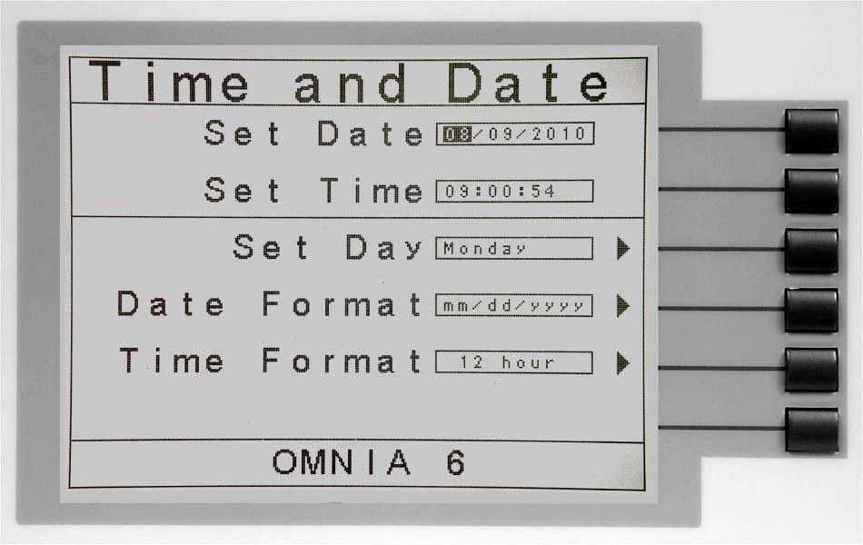 Set Date From the Time and Date Setting screen, highlight the Set Date parameter by using the up and down arrow keys. Within the Set Date parameter are three separate fields: month, day, and year.