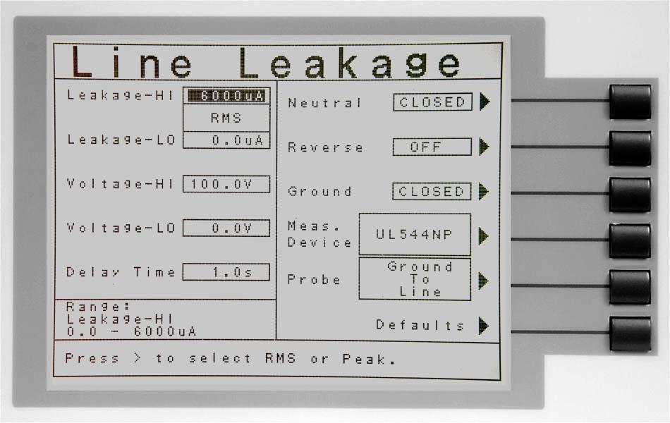 From the Line Leakage Parameter Setting screen, the following parameters may be controlled: Leakage-HI, Leakage-LO, Voltage-HI, Voltage-LO, Delay Time, Reverse, Neutral, Ground, Measuring Device and